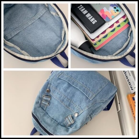 Denim Canvas Backpack Casual Daypack Lightweight Rucksack Y2K Grunge Aesthetic